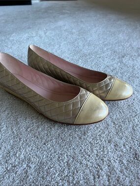 Taryn Rose Quilted Two-Tone Leather Ballet Flats - Gold & Cream 7.5